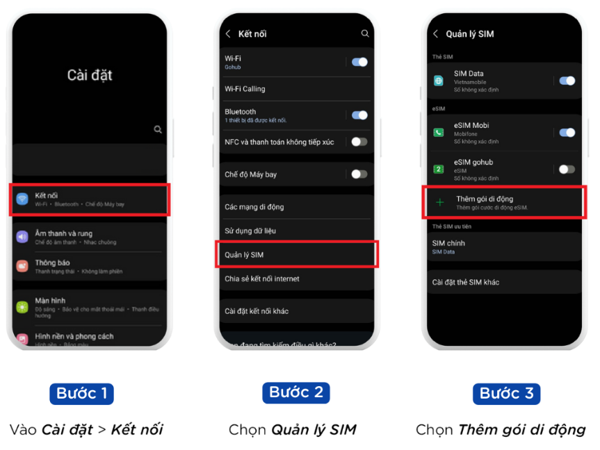 Hướng dẫn quét eSIM Android bước 1 đến 3
